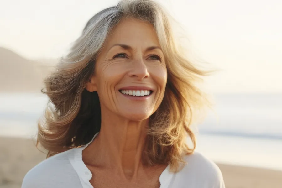 Bioidentical-Hormones-for-Women-Clinic-5 A mature woman smiles during a walk on the beach. Get women's health treatment from Raving Health in Virginia Beach.